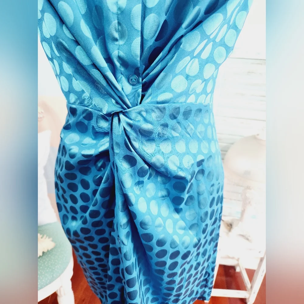 NWT LuLus Lush Celine Teal Blue Satin Polka Dot Twist-Front Mini Dress - Picture 4 of 10